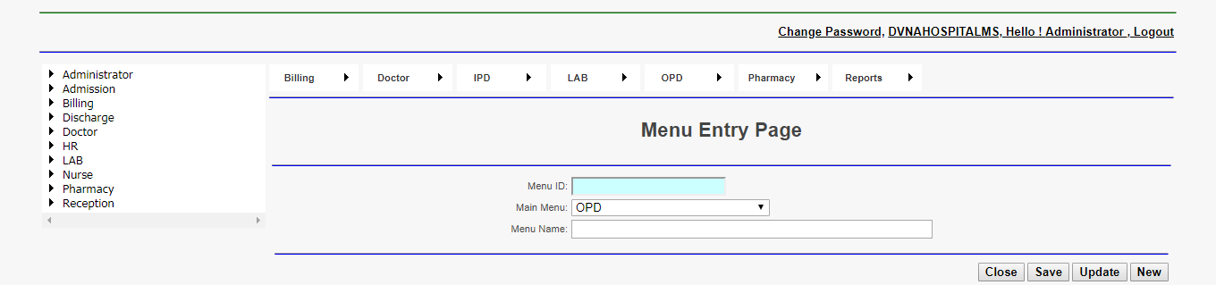 DVNA Hospital Management Software Menu Entry Page